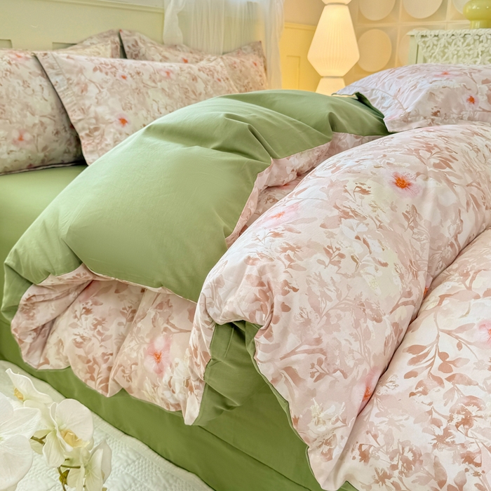 红日子纺织品 2025新款全棉纯棉数码印花四件套 日落花雨-灰