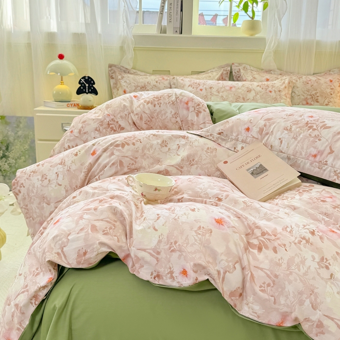 91家纺网 家纺一手货源 找家纺 红日子纺织品 2025新款全棉纯棉数码印花四件套 日落花雨-灰