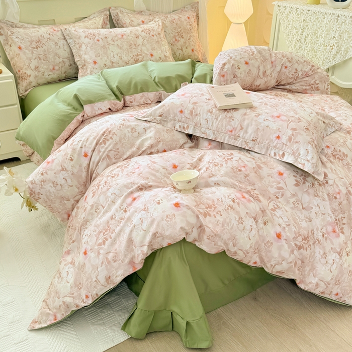 91家纺网 家纺一手货源 找家纺 红日子纺织品 2025新款全棉纯棉数码印花四件套 日落花雨-灰