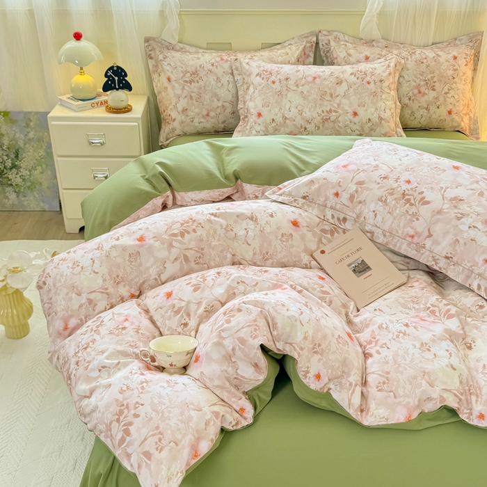 91家纺网 家纺一手货源 找家纺 红日子纺织品 2025新款全棉纯棉数码印花四件套 日落花雨-灰