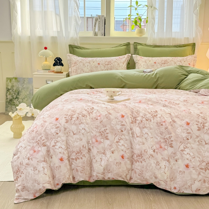 91家纺网 家纺一手货源 找家纺 红日子纺织品 2025新款全棉纯棉数码印花四件套 日落花雨-灰