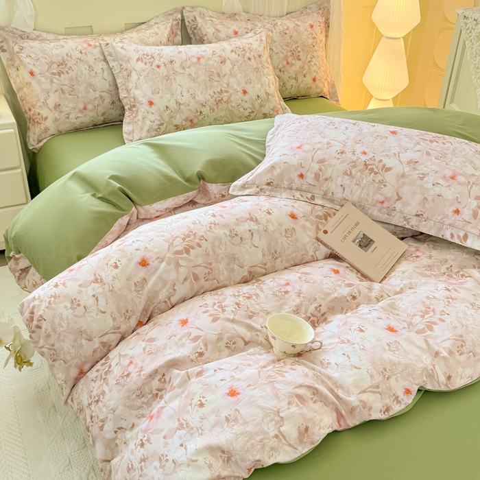 91家纺网 家纺一手货源 找家纺 红日子纺织品 2025新款全棉纯棉数码印花四件套 日落花雨-灰