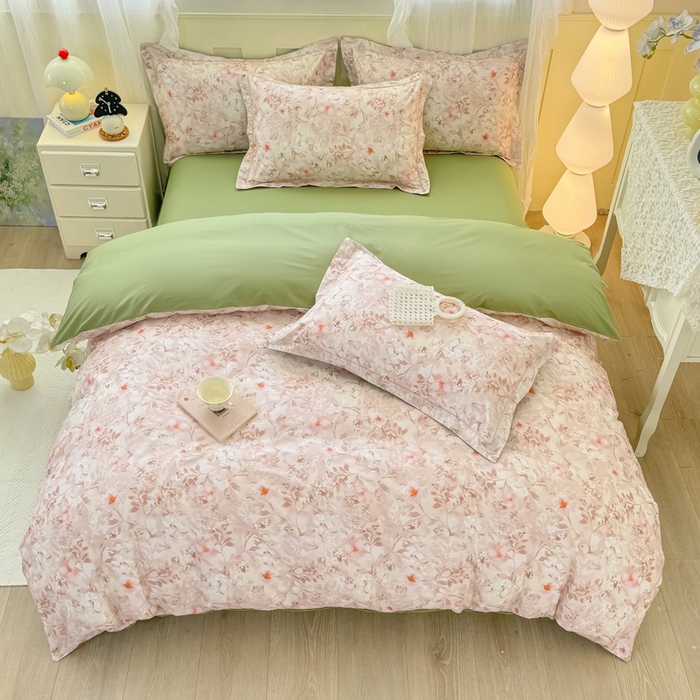 91家纺网 家纺一手货源 找家纺 红日子纺织品 2025新款全棉纯棉数码印花四件套 日落花雨-灰