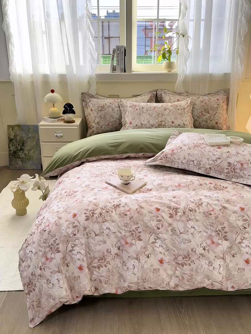 91家纺网 家纺一手货源 找家纺 红日子纺织品 2025新款全棉纯棉数码印花四件套 日落花雨-灰