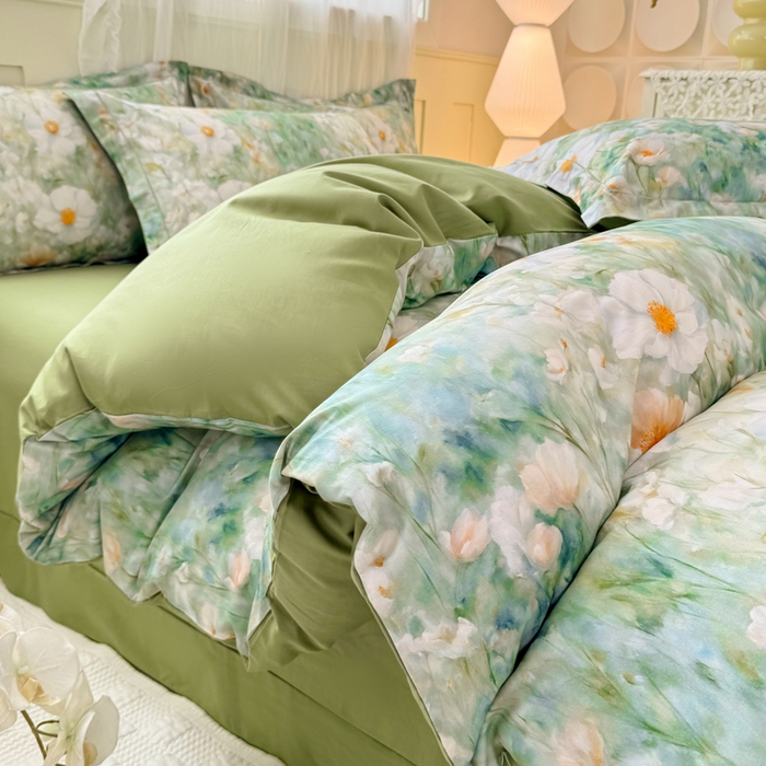 红日子纺织品 2025新款全棉纯棉数码印花四件套 如若梦境-绿