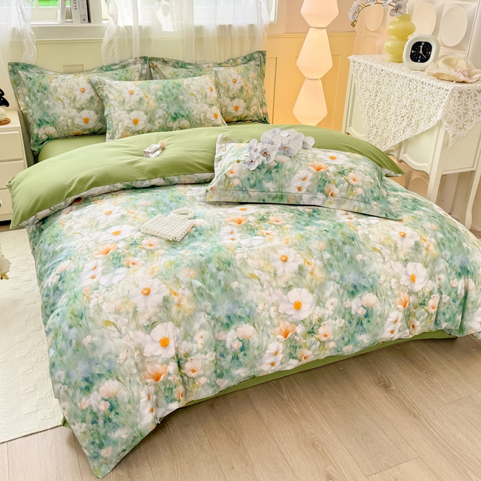 91家纺网 家纺一手货源 找家纺 红日子纺织品 2025新款全棉纯棉数码印花四件套 如若梦境-绿