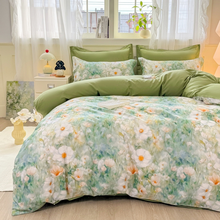 91家纺网 家纺一手货源 找家纺 红日子纺织品 2025新款全棉纯棉数码印花四件套 如若梦境-绿