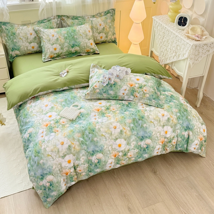 91家纺网 家纺一手货源 找家纺 红日子纺织品 2025新款全棉纯棉数码印花四件套 如若梦境-绿