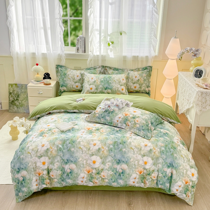 91家纺网 家纺一手货源 找家纺 红日子纺织品 2025新款全棉纯棉数码印花四件套 如若梦境-绿