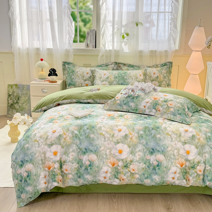 91家纺网 家纺一手货源 找家纺 红日子纺织品 2025新款全棉纯棉数码印花四件套 如若梦境-绿