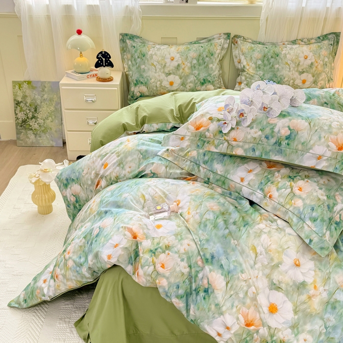 91家纺网 家纺一手货源 找家纺 红日子纺织品 2025新款全棉纯棉数码印花四件套 如若梦境-绿