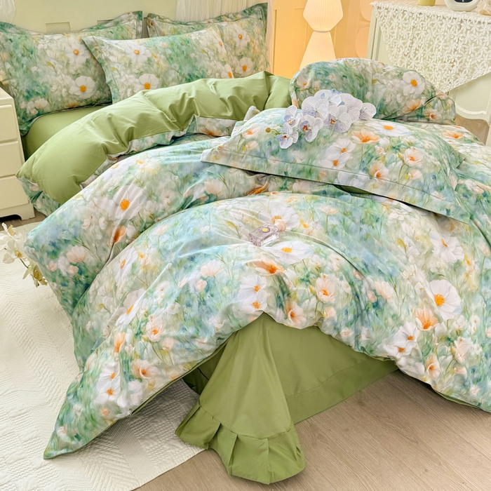 91家纺网 家纺一手货源 找家纺 红日子纺织品 2025新款全棉纯棉数码印花四件套 如若梦境-绿