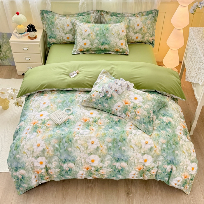 91家纺网 家纺一手货源 找家纺 红日子纺织品 2025新款全棉纯棉数码印花四件套 如若梦境-绿