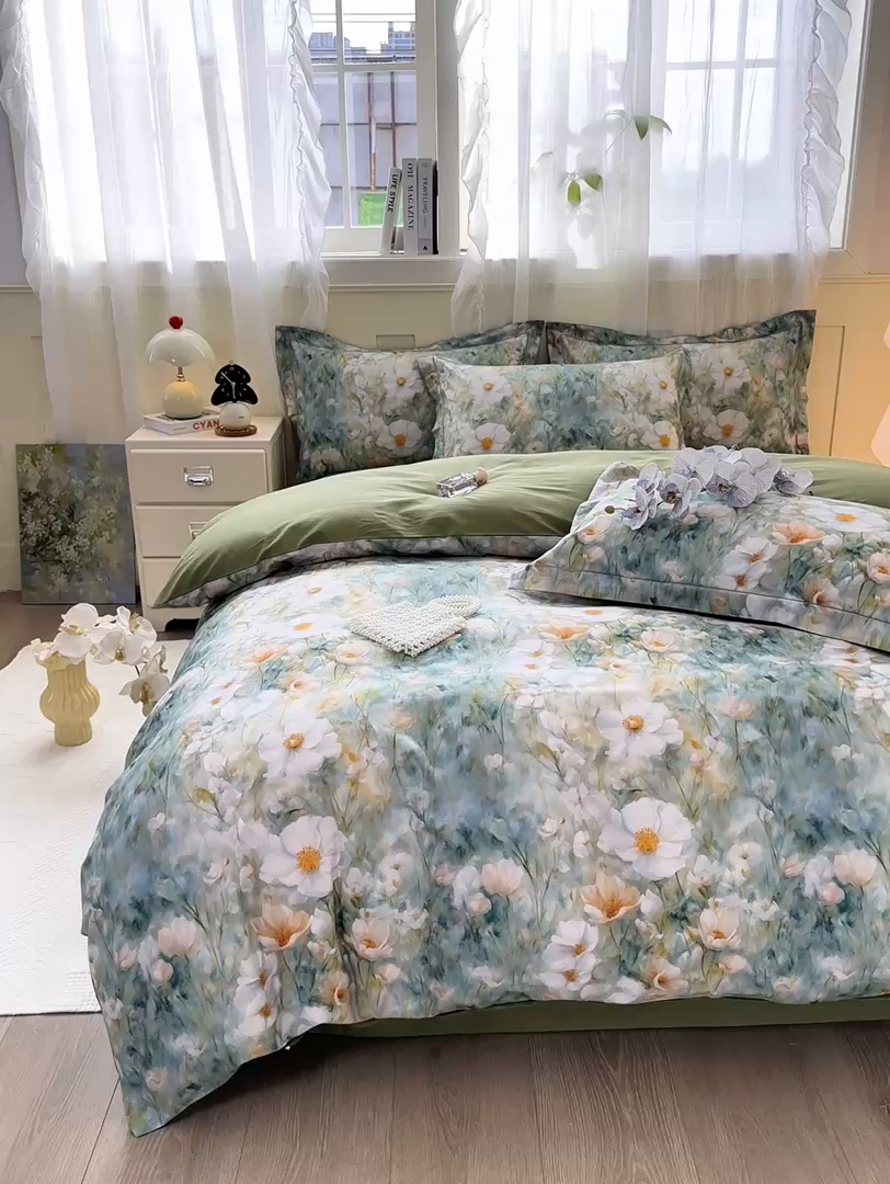 91家纺网 家纺一手货源 找家纺 红日子纺织品 2025新款全棉纯棉数码印花四件套 如若梦境-绿