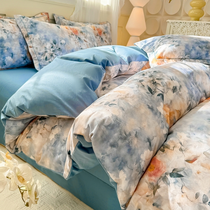 红日子纺织品 2025新款全棉纯棉数码印花四件套 诗丹娜-深蓝