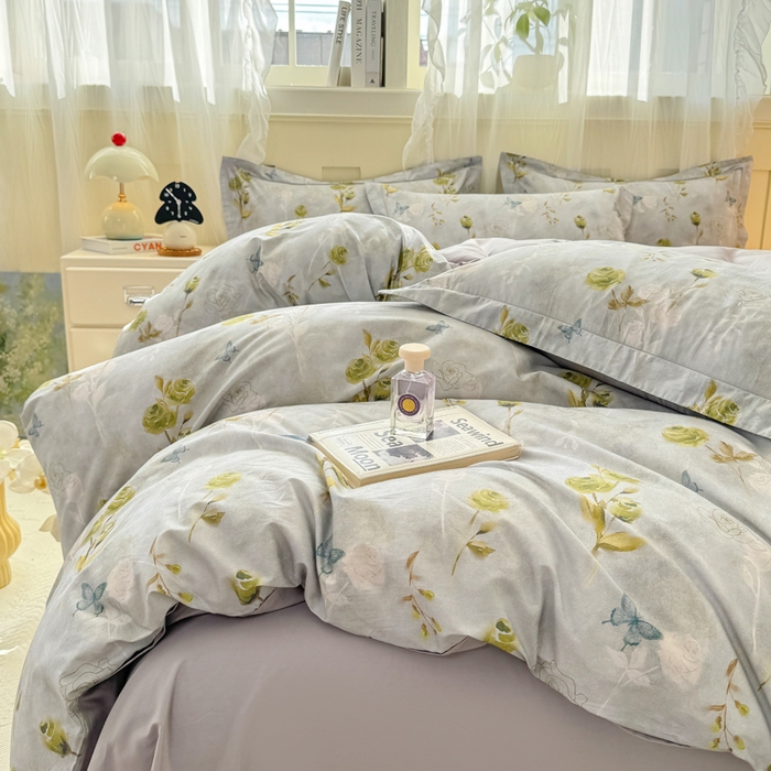 91家纺网 家纺一手货源 找家纺 红日子纺织品 2025新款全棉纯棉数码印花四件套 秀雅佳人-灰