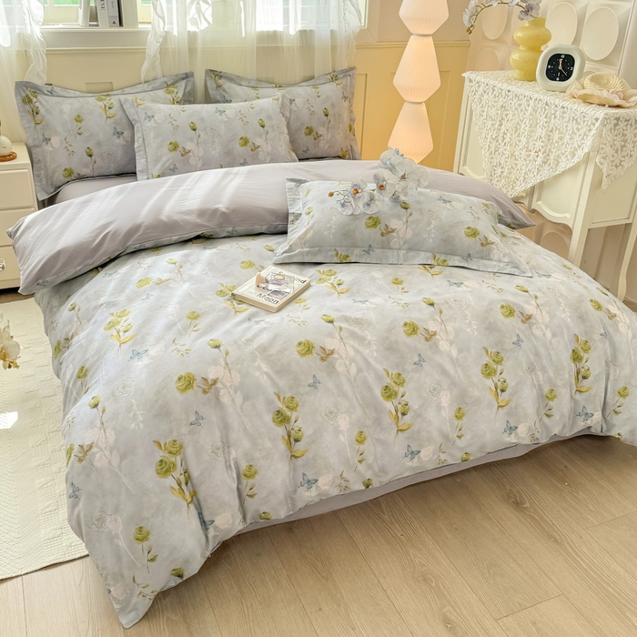 91家纺网 家纺一手货源 找家纺 红日子纺织品 2025新款全棉纯棉数码印花四件套 秀雅佳人-灰