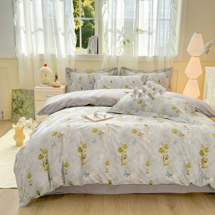 91家纺网 家纺一手货源 找家纺 红日子纺织品 2025新款全棉纯棉数码印花四件套 秀雅佳人-灰