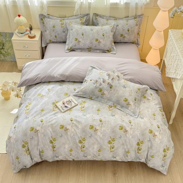 91家纺网 家纺一手货源 找家纺 红日子纺织品 2025新款全棉纯棉数码印花四件套 秀雅佳人-灰