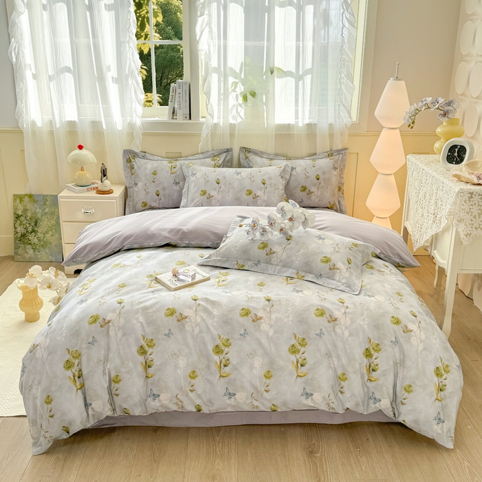 91家纺网 家纺一手货源 找家纺 红日子纺织品 2025新款全棉纯棉数码印花四件套 秀雅佳人-灰