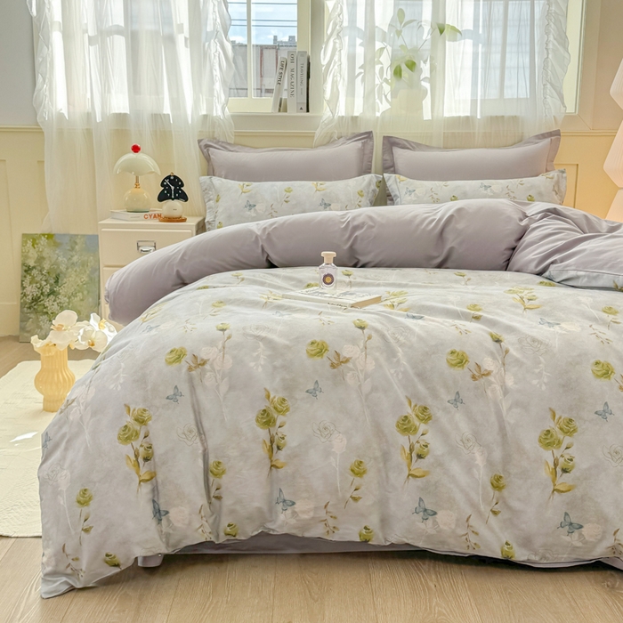 91家纺网 家纺一手货源 找家纺 红日子纺织品 2025新款全棉纯棉数码印花四件套 秀雅佳人-灰