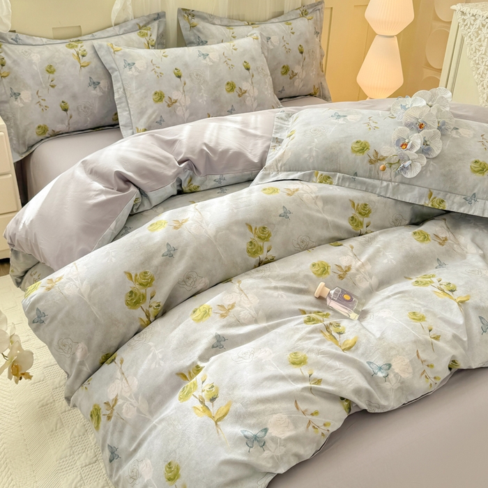 91家纺网 家纺一手货源 找家纺 红日子纺织品 2025新款全棉纯棉数码印花四件套 秀雅佳人-灰