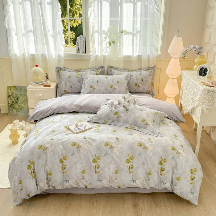 91家纺网 家纺一手货源 找家纺 红日子纺织品 2025新款全棉纯棉数码印花四件套 秀雅佳人-灰