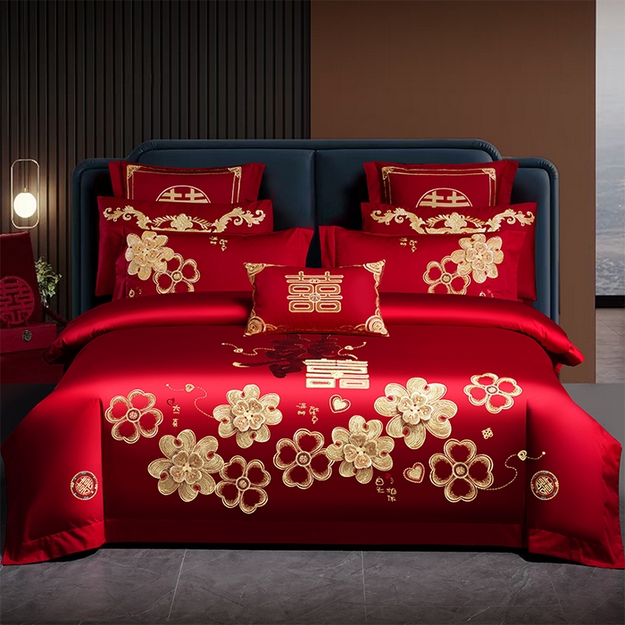 91家纺网 家纺一手货源 找家纺 用心 2025新款婚庆全棉刺绣四件套多件套系列花开浪漫金