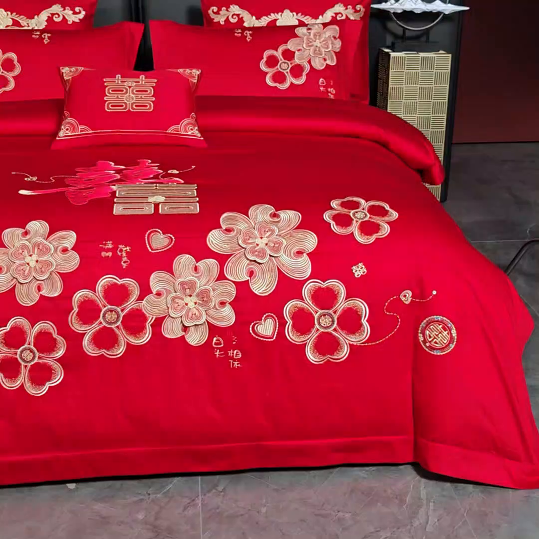 91家纺网 家纺一手货源 找家纺 用心 2025新款婚庆全棉刺绣四件套多件套系列花开浪漫金