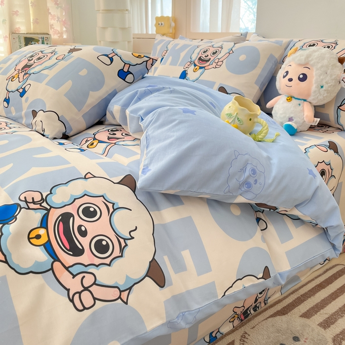 91家纺网 家纺一手货源 找家纺 金鑫汇家纺 2025新款喜羊羊与灰太狼全棉四件套 字母喜羊羊