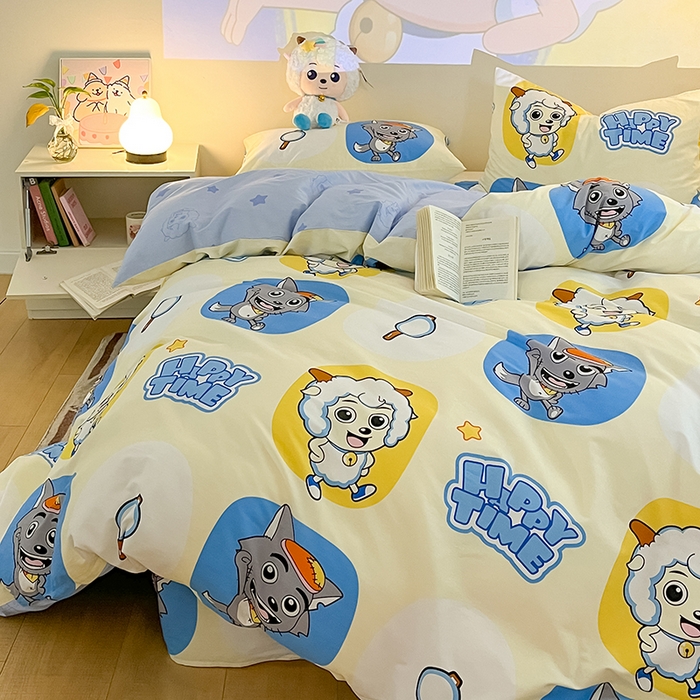 91家纺网 家纺一手货源 找家纺 金鑫汇家纺 2025新款喜羊羊与灰太狼全棉四件套 狼羊童话梦