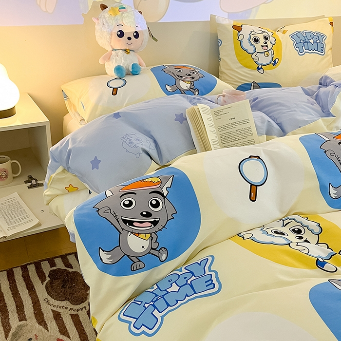 91家纺网 家纺一手货源 找家纺 金鑫汇家纺 2025新款喜羊羊与灰太狼全棉四件套 狼羊童话梦