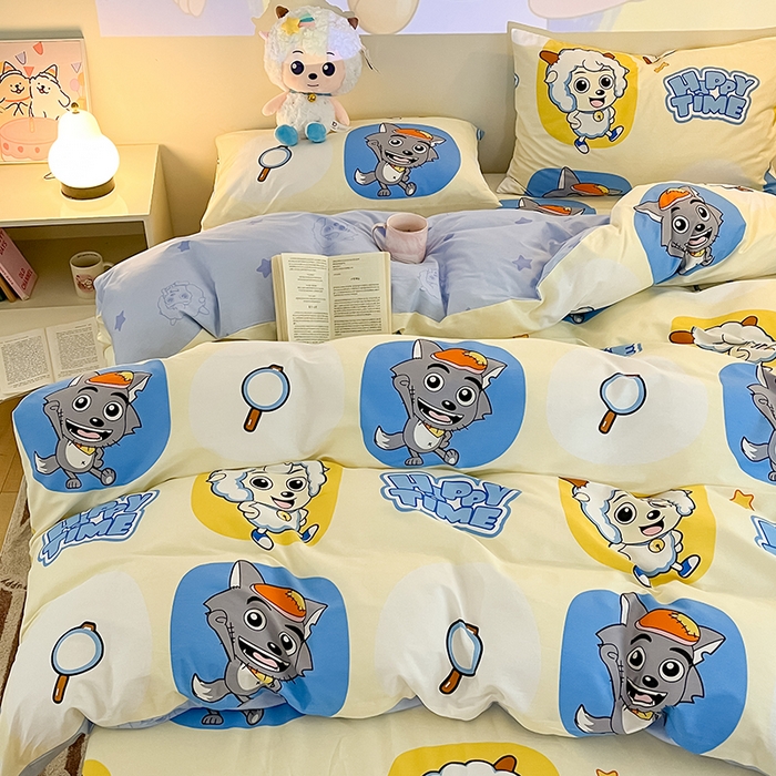 91家纺网 家纺一手货源 找家纺 金鑫汇家纺 2025新款喜羊羊与灰太狼全棉四件套 狼羊童话梦