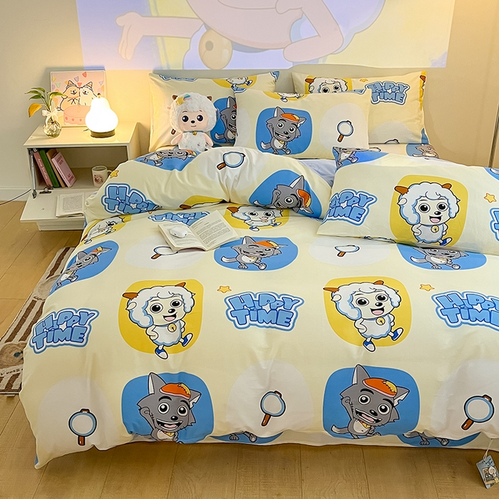 91家纺网 家纺一手货源 找家纺 金鑫汇家纺 2025新款喜羊羊与灰太狼全棉四件套 狼羊童话梦