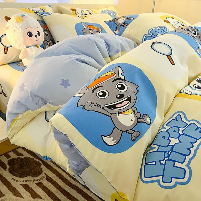 91家纺网 家纺一手货源 找家纺 金鑫汇家纺 2025新款喜羊羊与灰太狼全棉四件套 狼羊童话梦