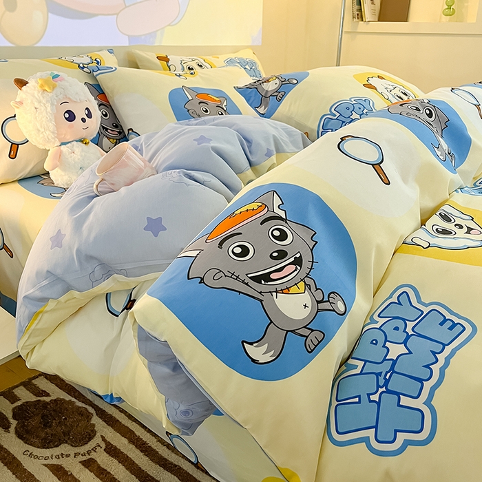 91家纺网 家纺一手货源 找家纺 金鑫汇家纺 2025新款喜羊羊与灰太狼全棉四件套 狼羊童话梦