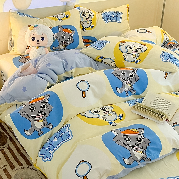 91家纺网 家纺一手货源 找家纺 金鑫汇家纺 2025新款喜羊羊与灰太狼全棉四件套 狼羊童话梦