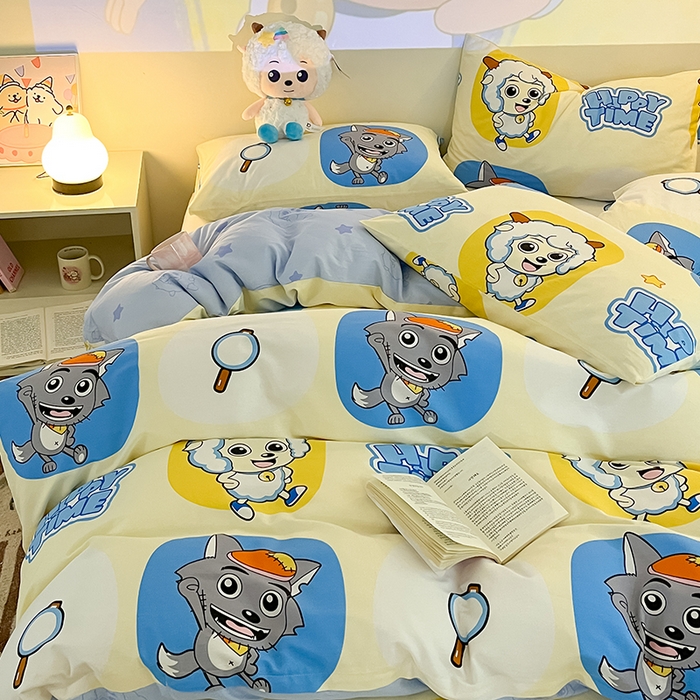 91家纺网 家纺一手货源 找家纺 金鑫汇家纺 2025新款喜羊羊与灰太狼全棉四件套 狼羊童话梦