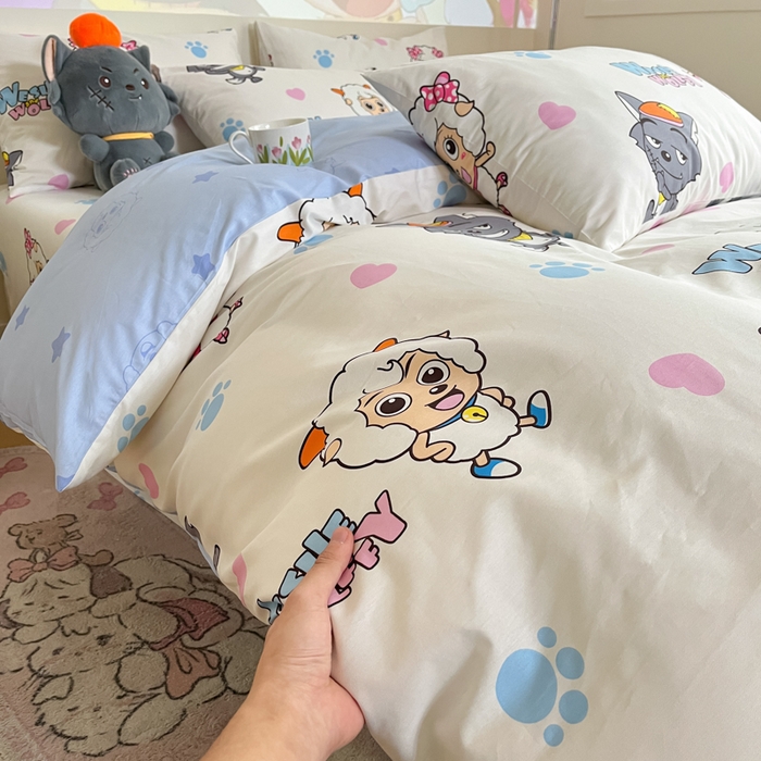 91家纺网 家纺一手货源 找家纺 金鑫汇家纺 2025新款喜羊羊与灰太狼全棉四件套 狼羊共舞