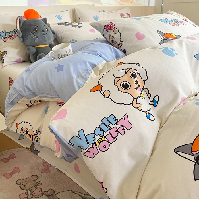 91家纺网 家纺一手货源 找家纺 金鑫汇家纺 2025新款喜羊羊与灰太狼全棉四件套 狼羊共舞