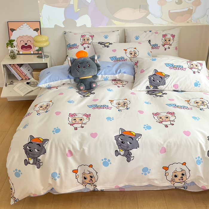 91家纺网 家纺一手货源 找家纺 金鑫汇家纺 2025新款喜羊羊与灰太狼全棉四件套 狼羊共舞