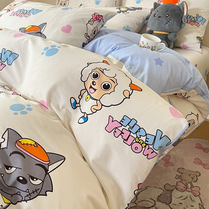 91家纺网 家纺一手货源 找家纺 金鑫汇家纺 2025新款喜羊羊与灰太狼全棉四件套 狼羊共舞