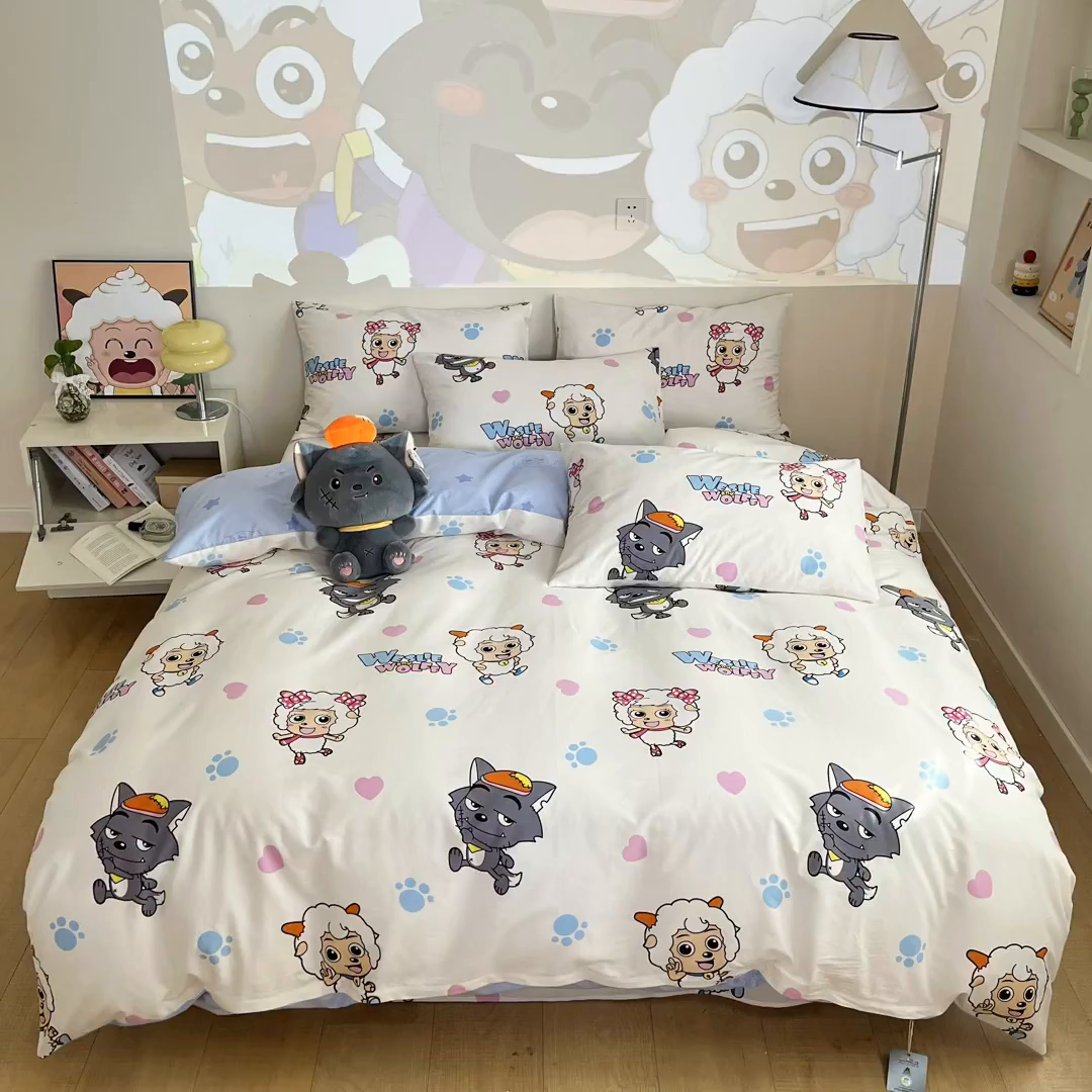 91家纺网 家纺一手货源 找家纺 金鑫汇家纺 2025新款喜羊羊与灰太狼全棉四件套 狼羊共舞