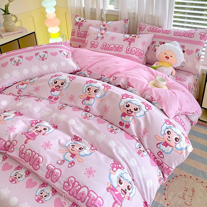 91家纺网 家纺一手货源 找家纺 金鑫汇家纺 2025新款喜羊羊与灰太狼全棉四件套 滑冰美羊羊