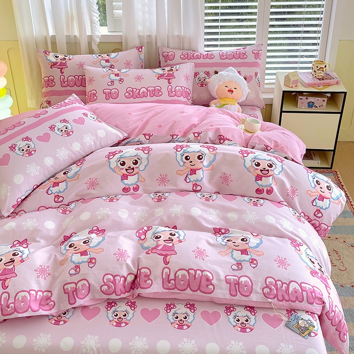 91家纺网 家纺一手货源 找家纺 金鑫汇家纺 2025新款喜羊羊与灰太狼全棉四件套 滑冰美羊羊