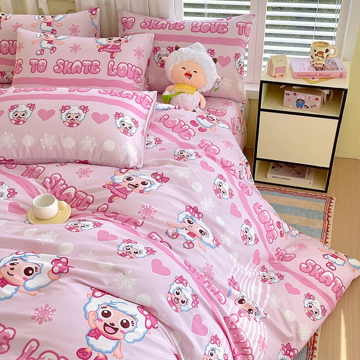 91家纺网 家纺一手货源 找家纺 金鑫汇家纺 2025新款喜羊羊与灰太狼全棉四件套 滑冰美羊羊