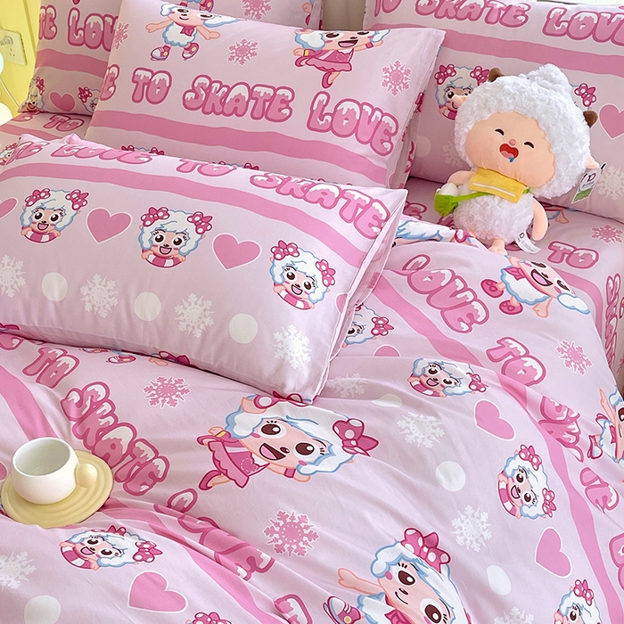 91家纺网 家纺一手货源 找家纺 金鑫汇家纺 2025新款喜羊羊与灰太狼全棉四件套 滑冰美羊羊