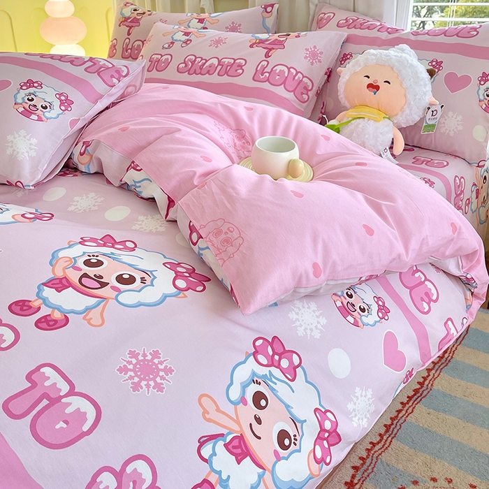 91家纺网 家纺一手货源 找家纺 金鑫汇家纺 2025新款喜羊羊与灰太狼全棉四件套 滑冰美羊羊