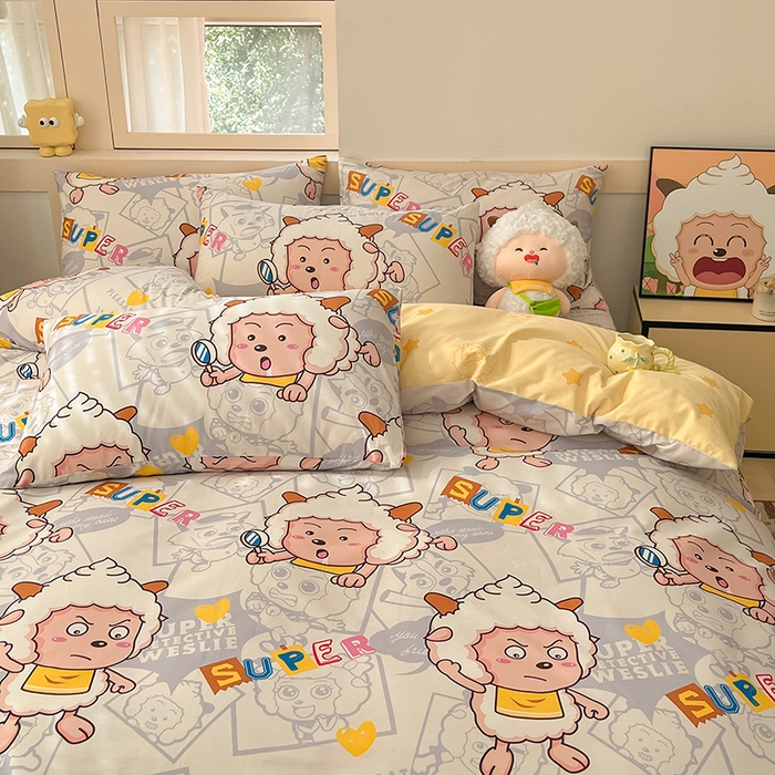 91家纺网 家纺一手货源 找家纺 金鑫汇家纺 2025新款喜羊羊与灰太狼全棉四件套 探索懒羊羊