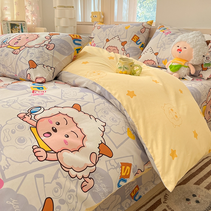 91家纺网 家纺一手货源 找家纺 金鑫汇家纺 2025新款喜羊羊与灰太狼全棉四件套 探索懒羊羊